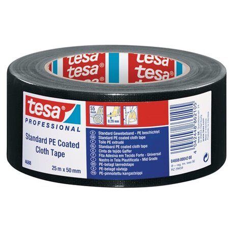 Taśma tkaninowa, standardowa, powlekana PE, czarna, 25 m x 50 mm, TesaBAND® T046880004200 4042448862105