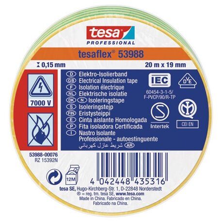 Taśma izolacyjna, żółto-zielona, 20 m x 19 mm TesaFLEX® T539880007600 4042448435316