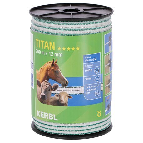 Taśma ogrodzeniowa TITAN, 200m x 12mm, biało-zielona, Kerbl